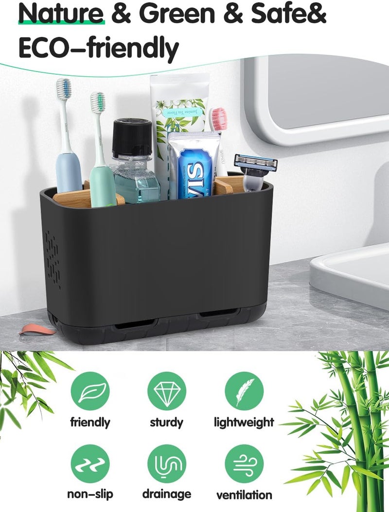 GFWARE Black Toothbrush Holder, Bamboo Toothbrush and Toothpaste Holder with Drainage, Electric Kids Matte Black Toothbrush Holders Set Organizer for Bathrooms Countertop Accessories Storage - Image 2